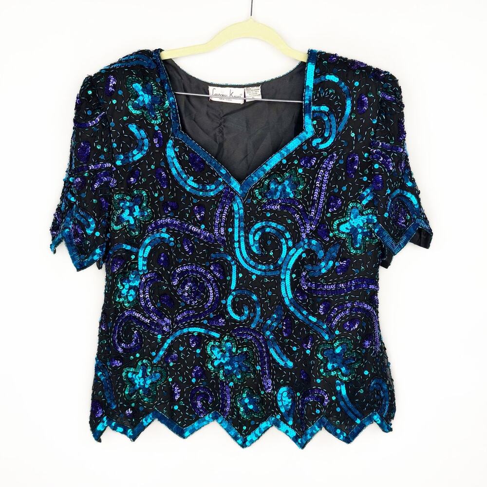 Vintage Laurence Kazar Sequin 80s Silk Scallop Floral V‎ Neck Sparkly Top Sz XL
